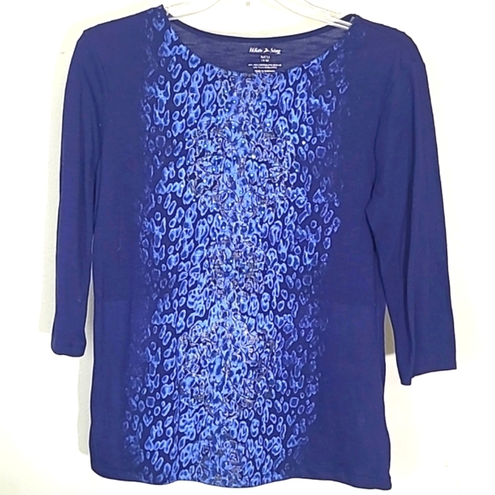 Blue t shirt crew neck leopard print beaded front 3/4 long sleeve Small